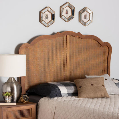 Traditional Ash Walnut Finished Wood Queen Size Headboard with Rattan