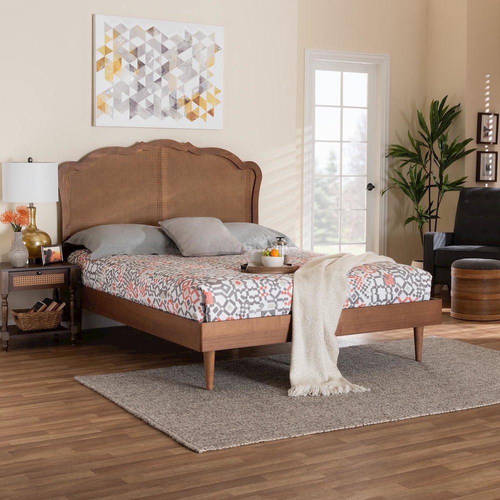 Camden Mid-Century Walnut Brown Wood and Rattan King Size Platform Bed