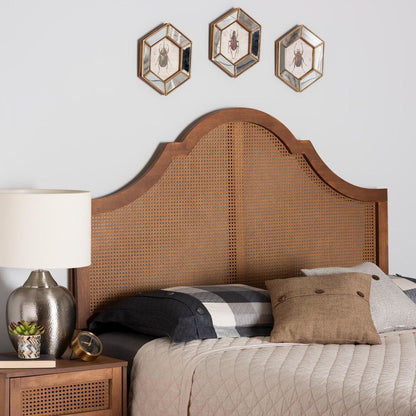 Traditional Ash Walnut Finished Wood Queen Size Headboard with Rattan