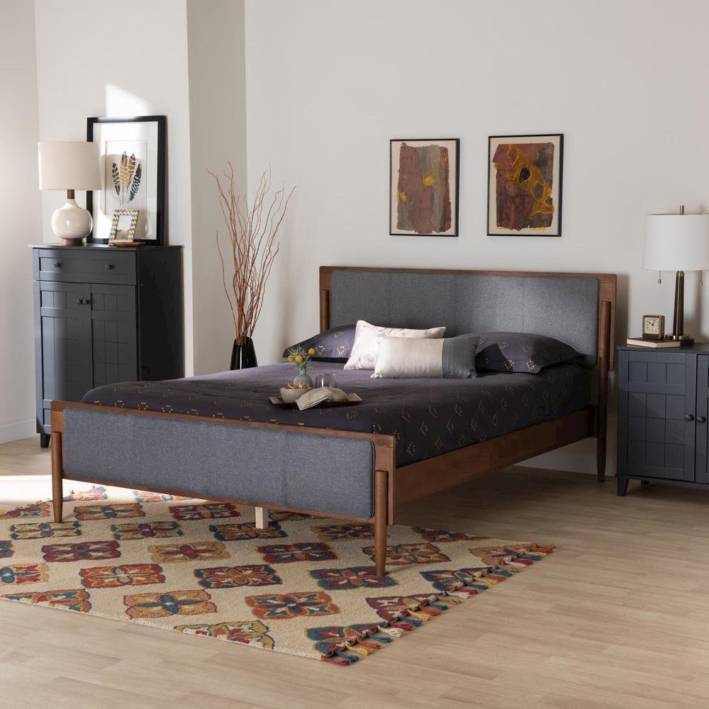 Grey Fabric and Ash Walnut Finished Wood King Size Platform Bed