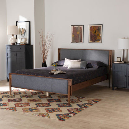 Grey Fabric and Ash Walnut Finished Wood King Size Platform Bed