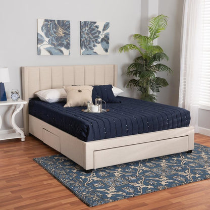 Transitional Beige Fabric Queen Size 3-Drawer Storage Platform Bed
