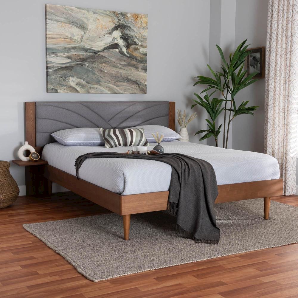 Walnut Brown Wood King Size Platform Bed With Floating Side Table