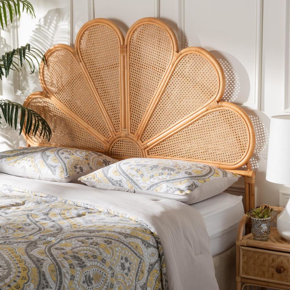 Flower Modern Bohemian Honey Rattan Queen Size Standalone Headboard