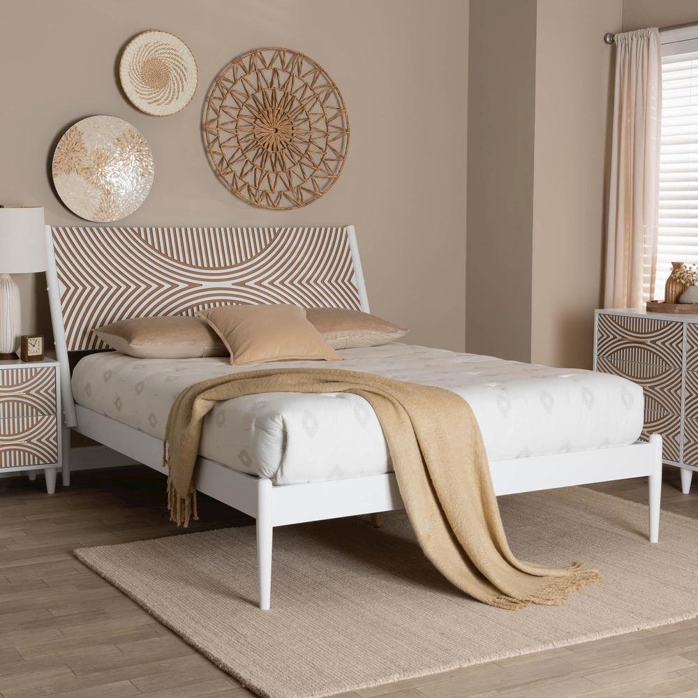 Louetta Coastal White King Size Platform Bed with Carved Contrasting Headboard