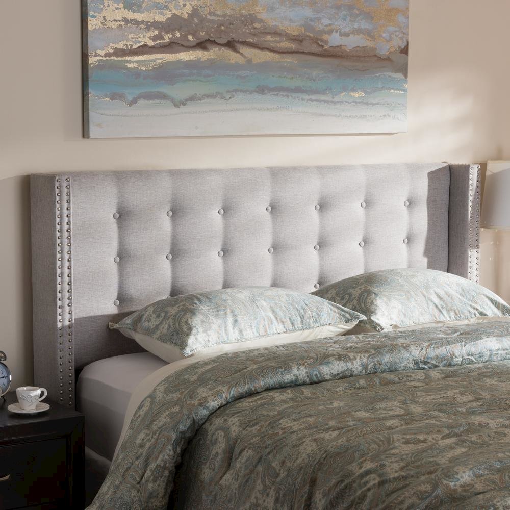 Greyish Beige Fabric Button-Tufted Nail head King Size Winged Headboard