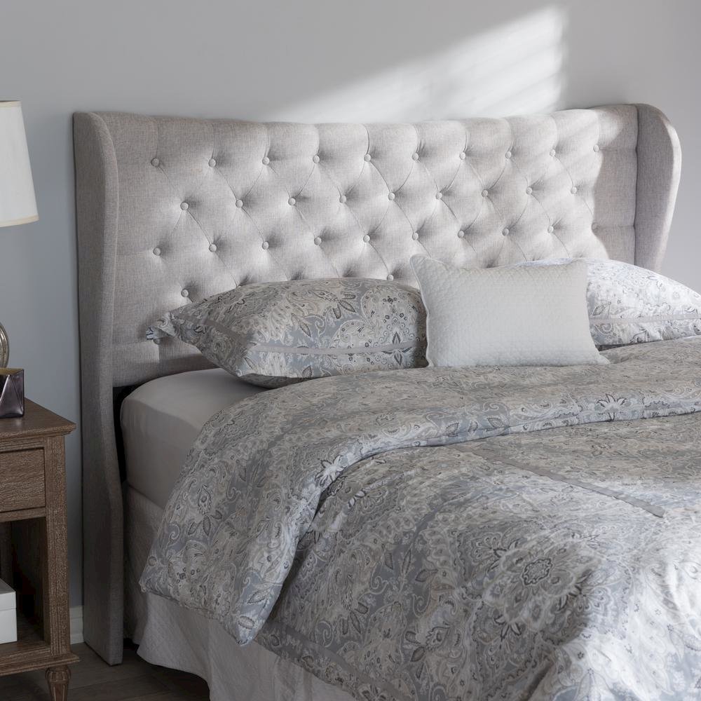 Greyish Beige Fabric Button-Tufted King Size Winged Headboard