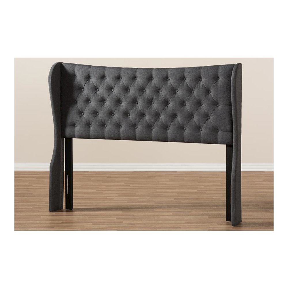 Dark Grey Fabric Button-Tufted King Size Winged Headboard