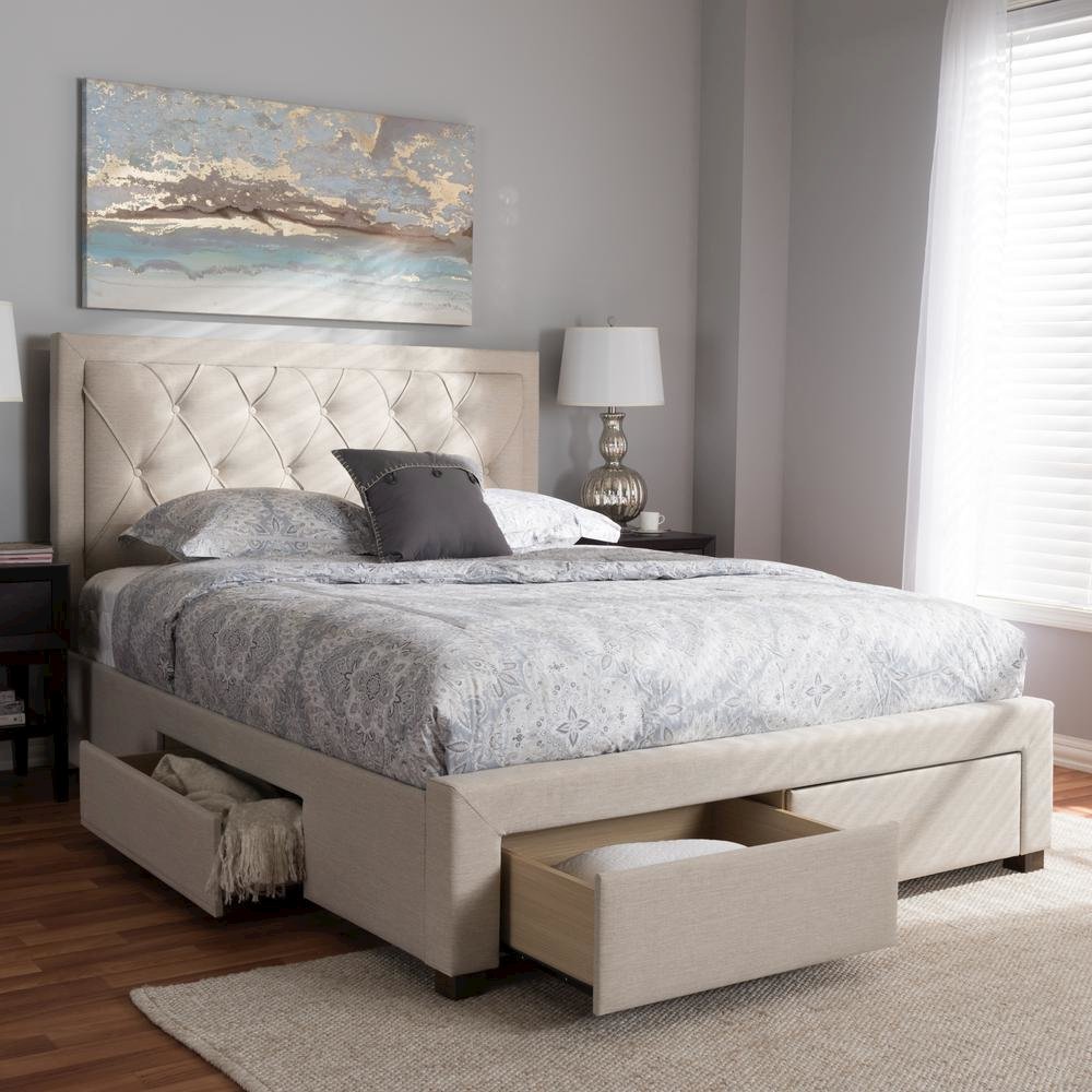 Light Beige Fabric Upholstered King Size Storage Bed