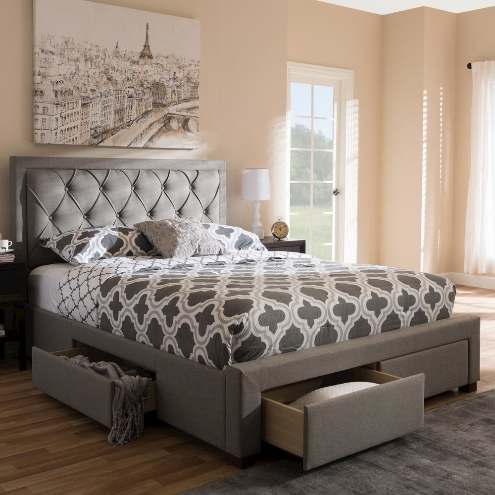 Light Grey Fabric Upholstered King Size Storage Bed
