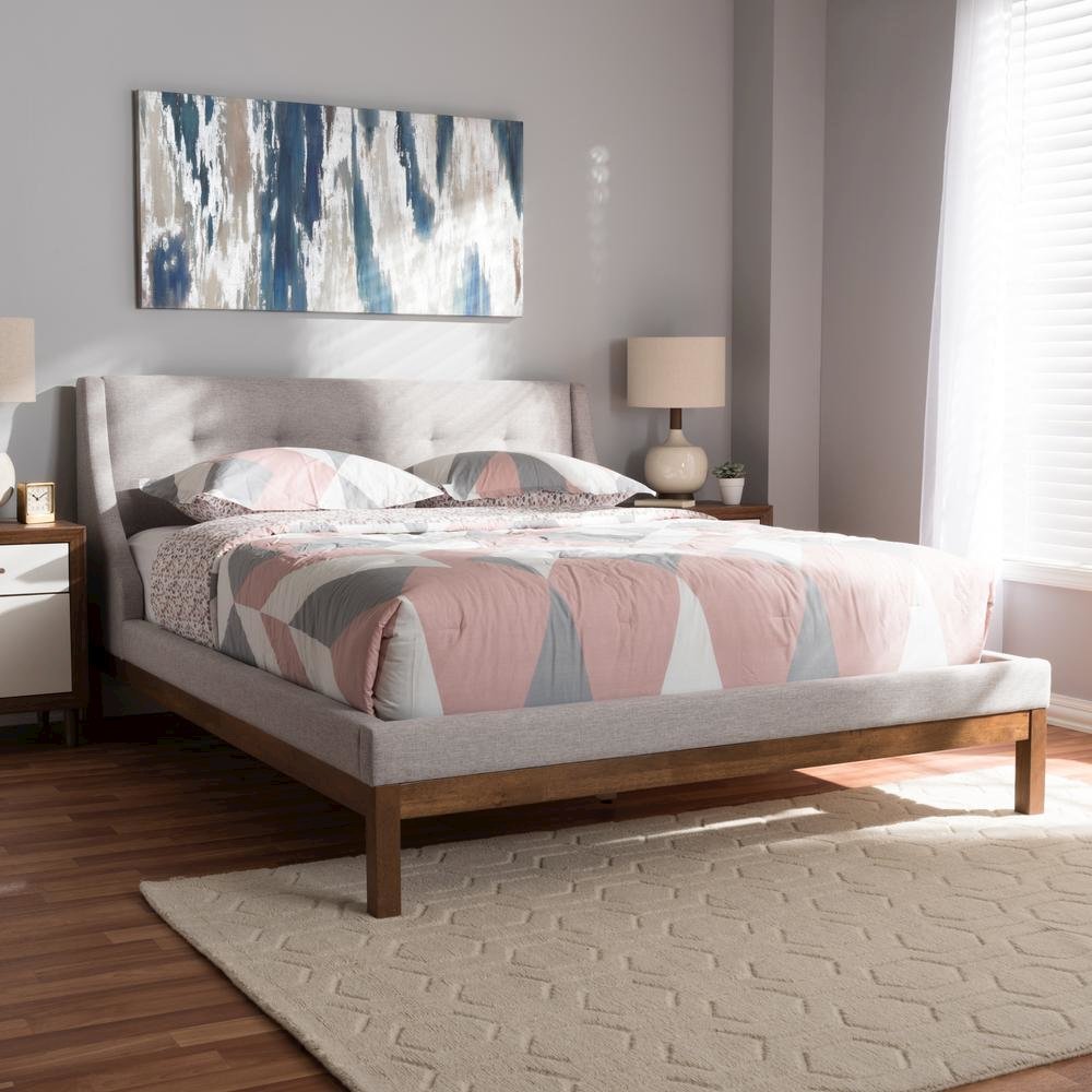 Greyish Beige Fabric Upholstered Walnut-Finished Queen Sized Platform Bed