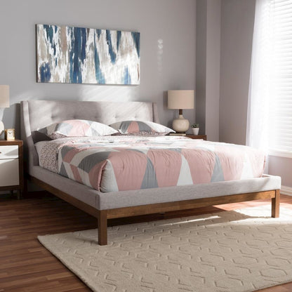 Greyish Beige Fabric Upholstered Walnut-Finished Queen Sized Platform Bed