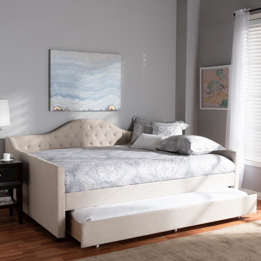 Light Beige Fabric Upholstered Queen Size Daybed with Trundle