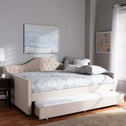 Light Beige Fabric Upholstered Queen Size Daybed with Trundle