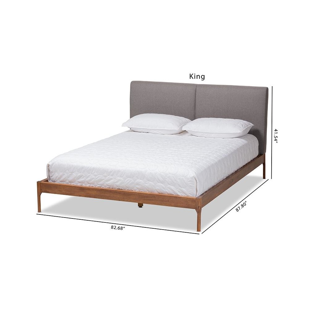 Grey Fabric Upholstered Walnut Finished King Size Platform Bed