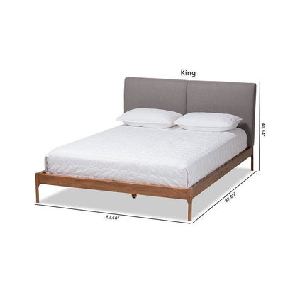 Grey Fabric Upholstered Walnut Finished King Size Platform Bed