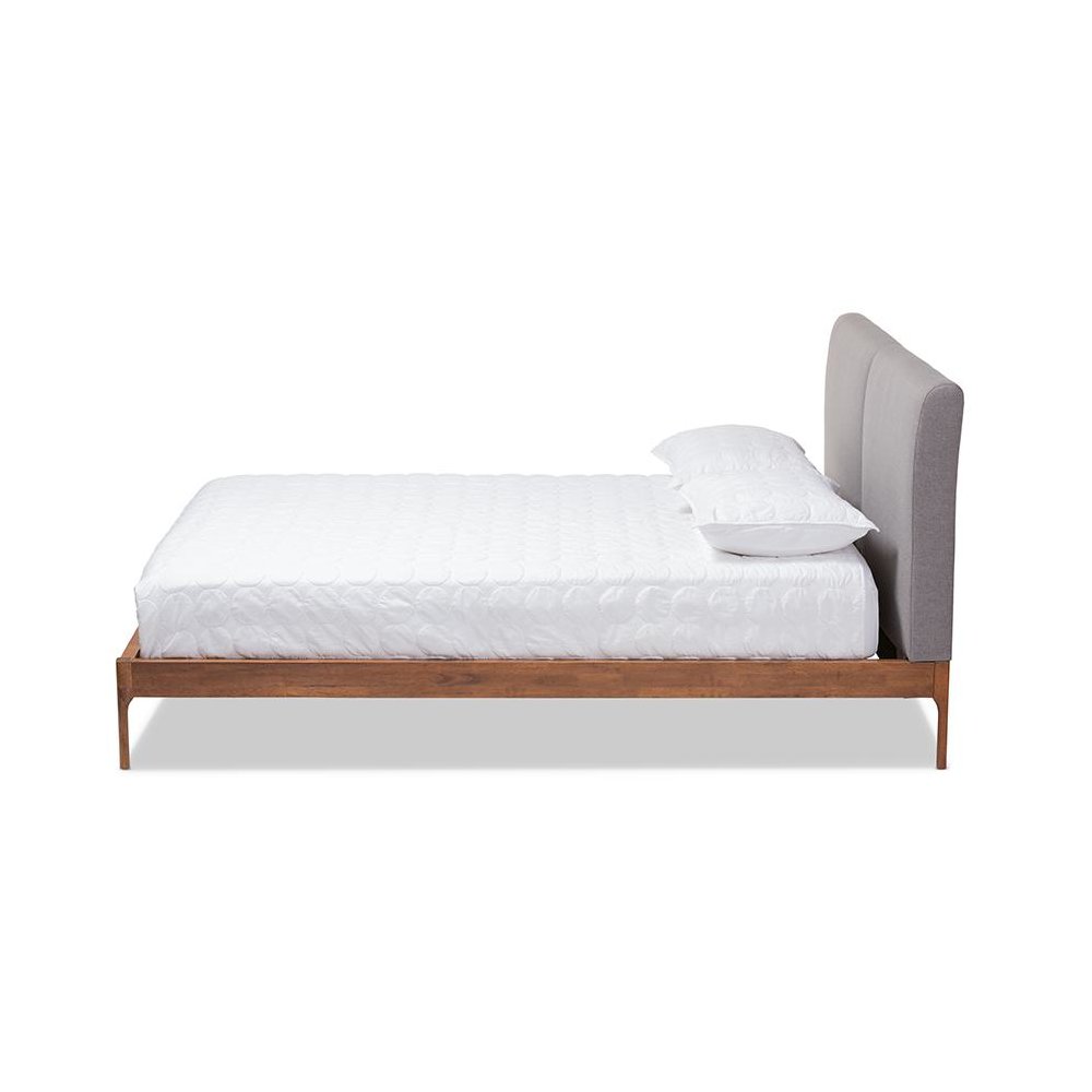 Grey Fabric Upholstered Walnut Finished King Size Platform Bed
