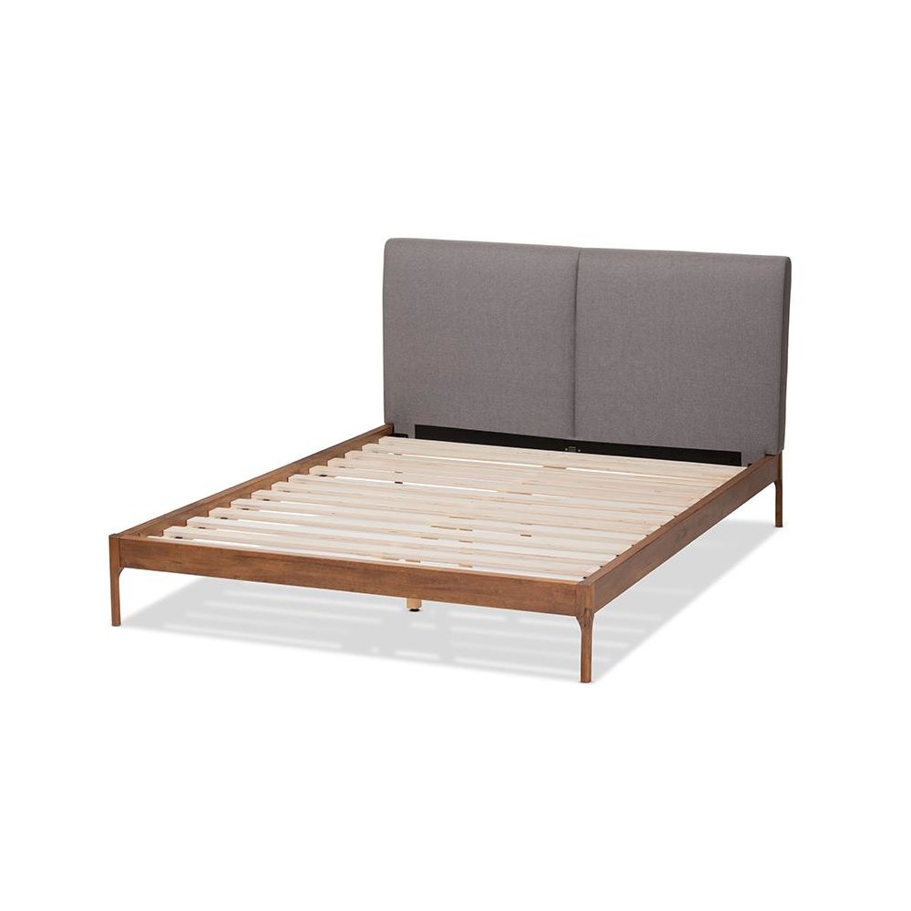 Grey Fabric Upholstered Walnut Finished King Size Platform Bed