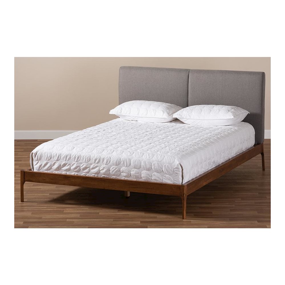 Grey Fabric Upholstered Walnut Finished King Size Platform Bed