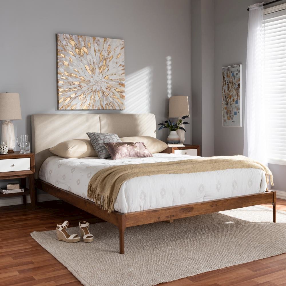 Beige Fabric Upholstered Walnut Finished Queen Size Platform Bed