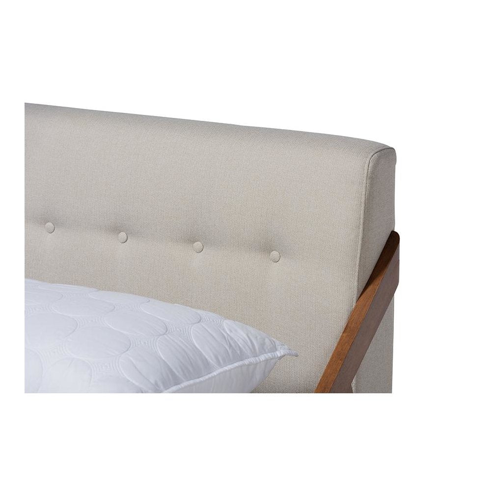 Light Beige Fabric Upholstered Wood King Size Platform Bed