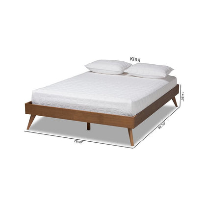 Mid-Century Modern Walnut Brown Finished Wood King Size Platform Bed Frame