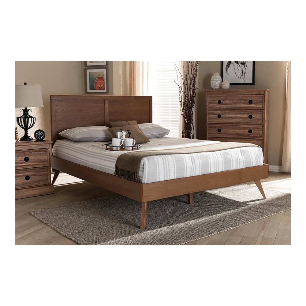 Zenon Mid-Century Modern Walnut Brown Finished Wood Queen Size Platform Bed
