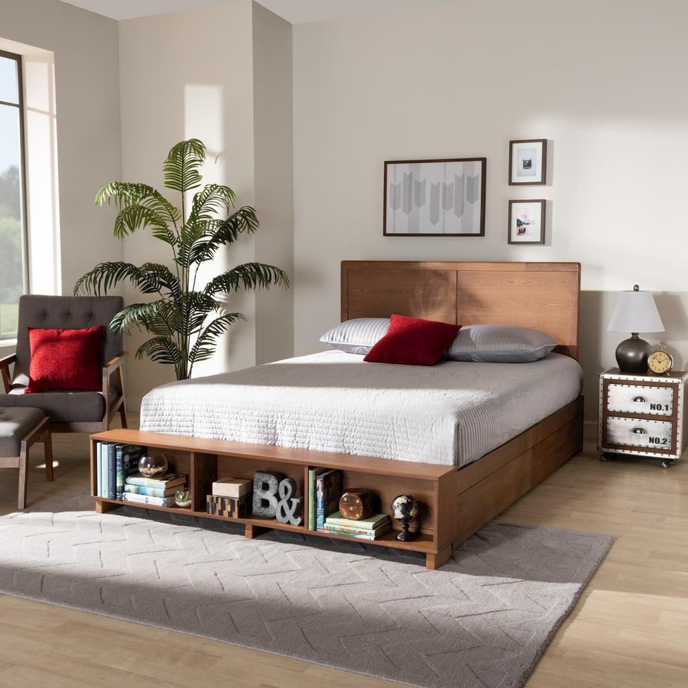 Finished Wood Queen Size 4-Drawer Platform Storage Bed with Built-In Shelves