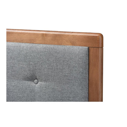 Dark Grey Fabric Upholstered Walnut Brown Finished Wood King Size Headboard