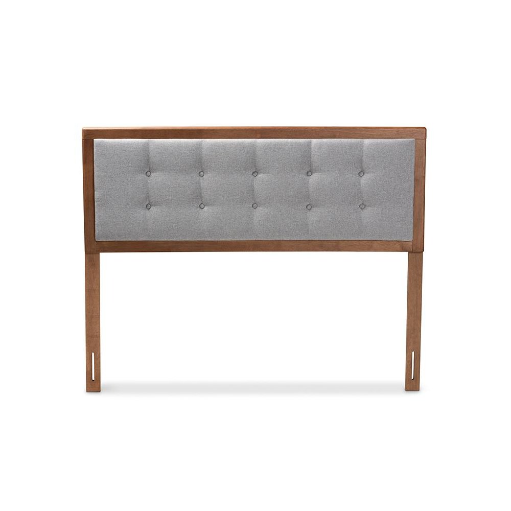 Light Grey Fabric Upholstered Walnut Brown Finished Wood King Size Headboard
