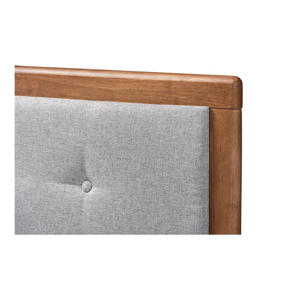 Light Grey Fabric Upholstered Walnut Brown Finished Wood King Size Headboard