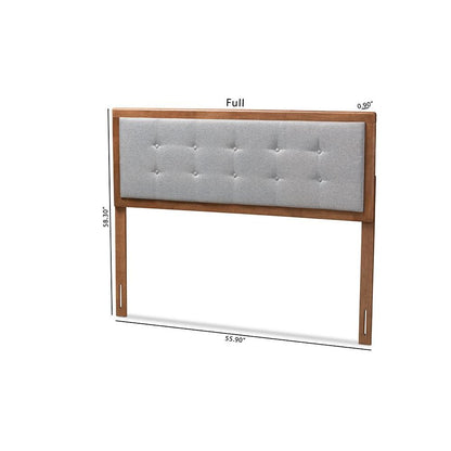 Light Grey Fabric Upholstered Walnut Brown Finished Wood King Size Headboard