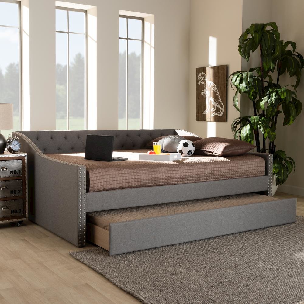 Light Grey Fabric Upholstered Queen Size Daybed with Roll-Out Trundle Bed