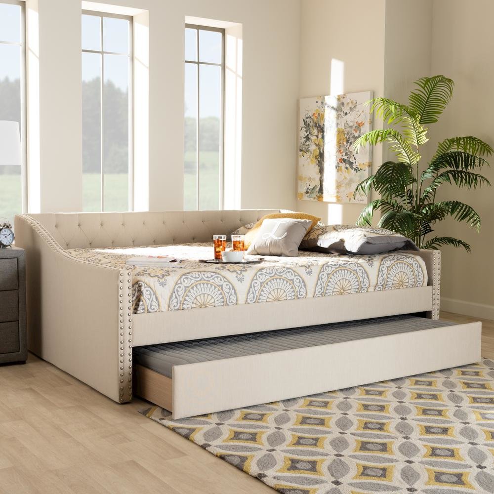Beige Fabric Upholstered Queen Size Daybed with Roll-Out Trundle Bed