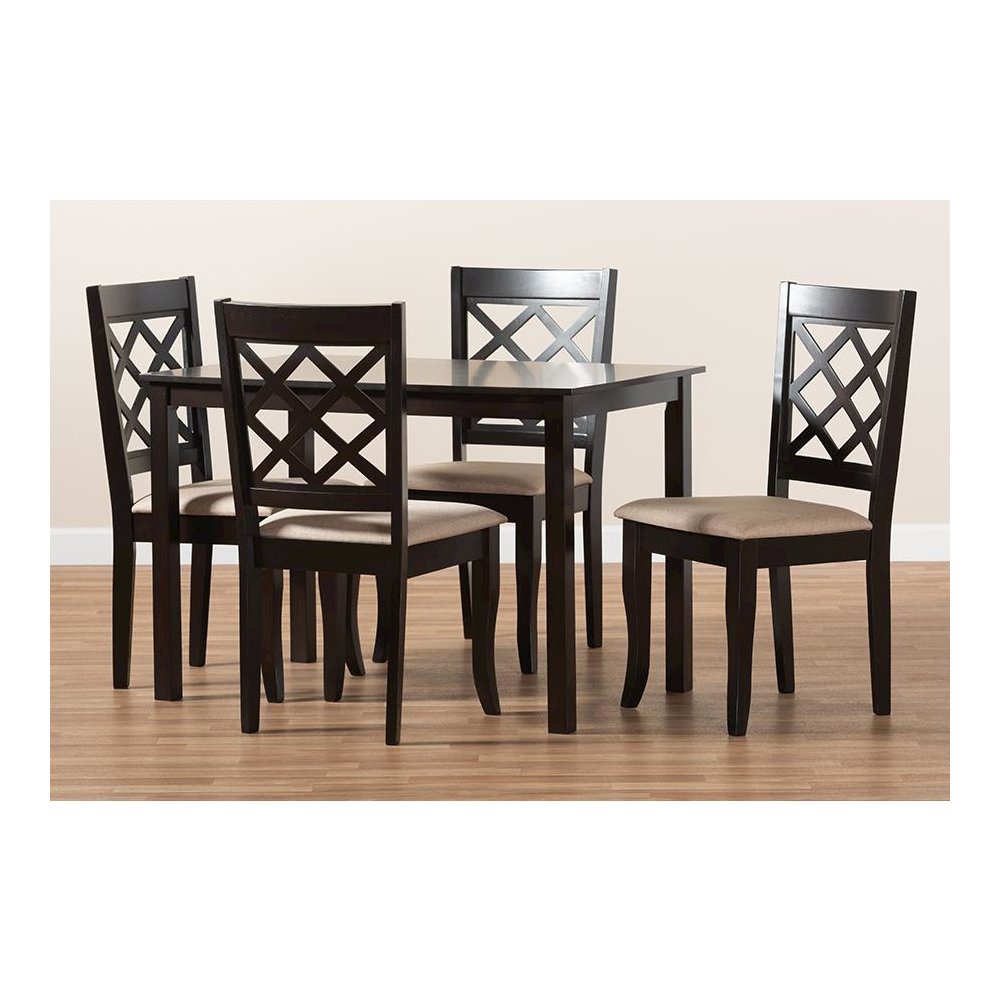 Sand Fabric Upholstered Espresso Brown Finished 5-Piece Wood Dining Set