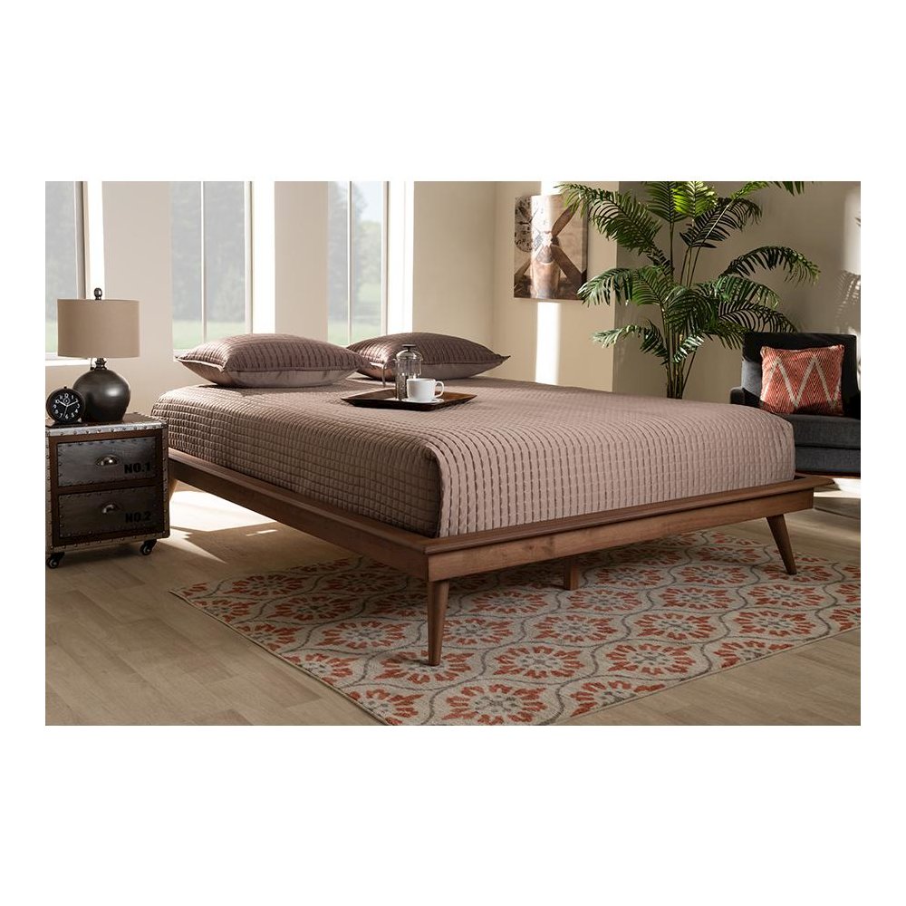 Walnut Brown Finished Wood Queen Size Platform Bed Frame