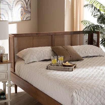 Ash Wanut Finished Wood and Synthetic Rattan Queen Size Wrap-Around Headboard