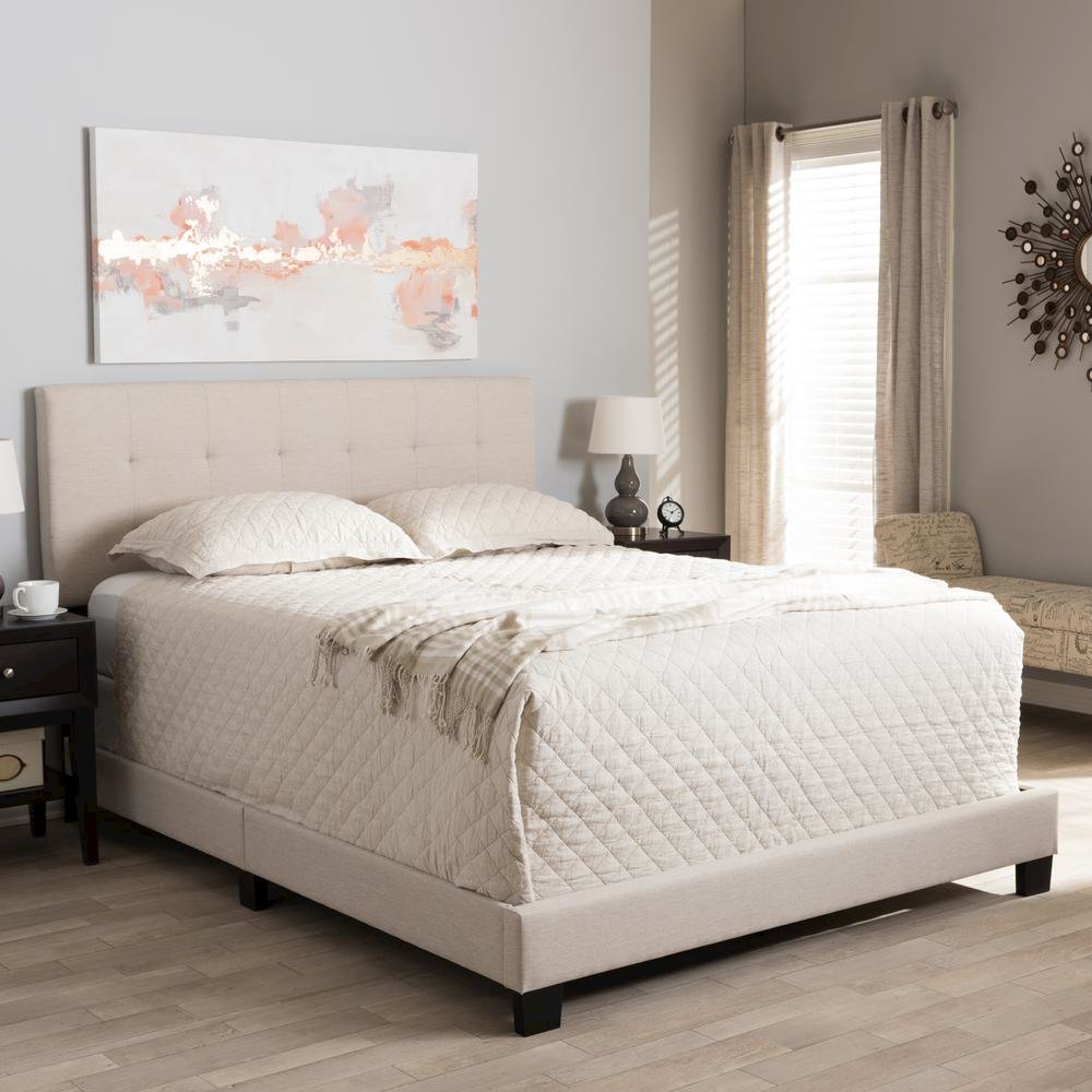 Beige Fabric Upholstered Grid-tufting Queen Size Bed