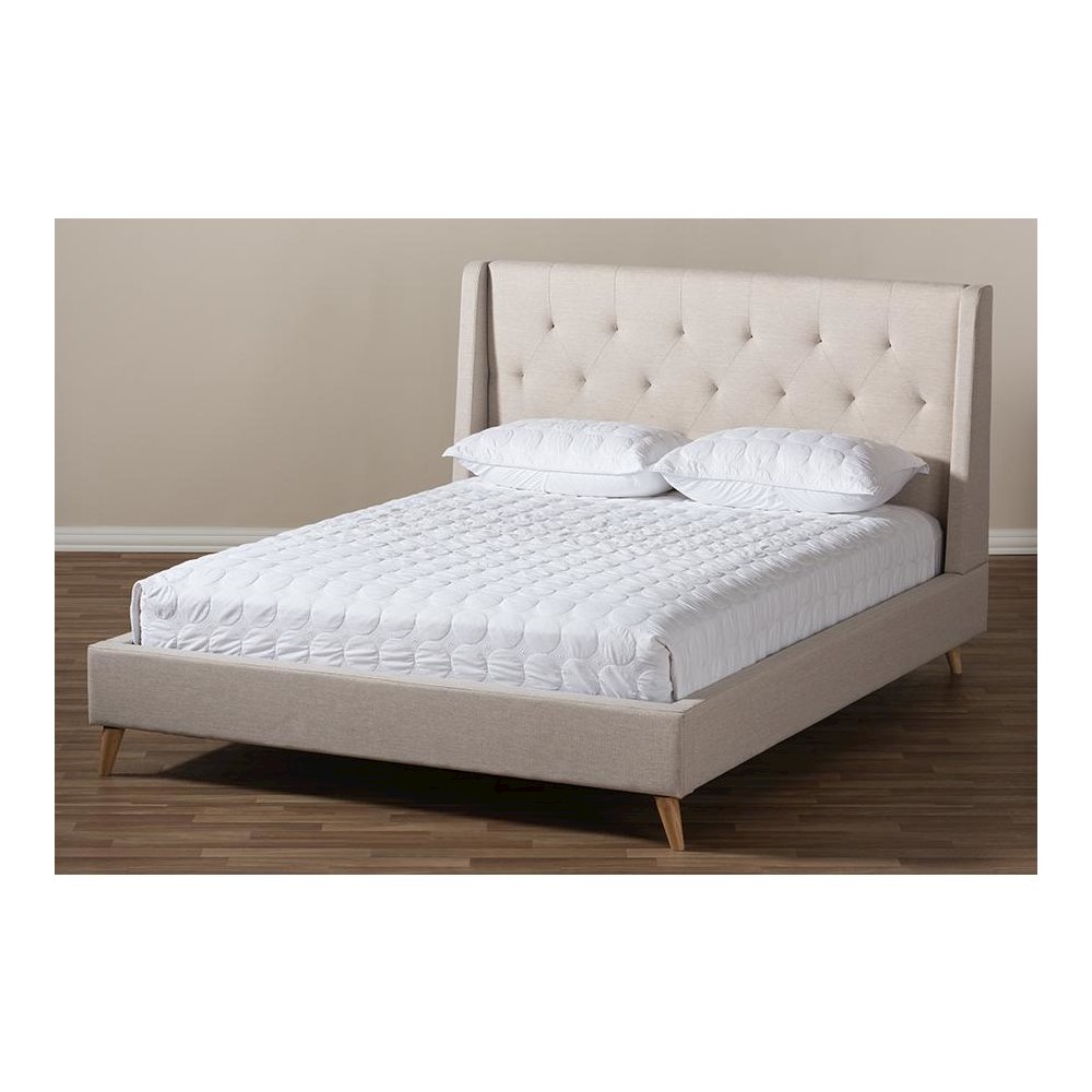 Adelaide Retro Modern Light Beige Fabric Upholstered King Size Platform Bed