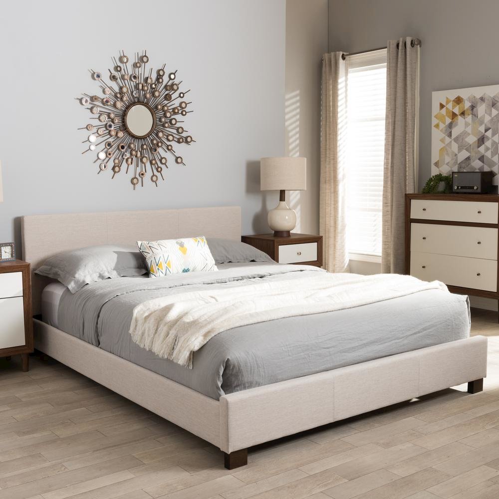 Beige Fabric Upholstered Panel-Stitched Queen Size Platform Bed