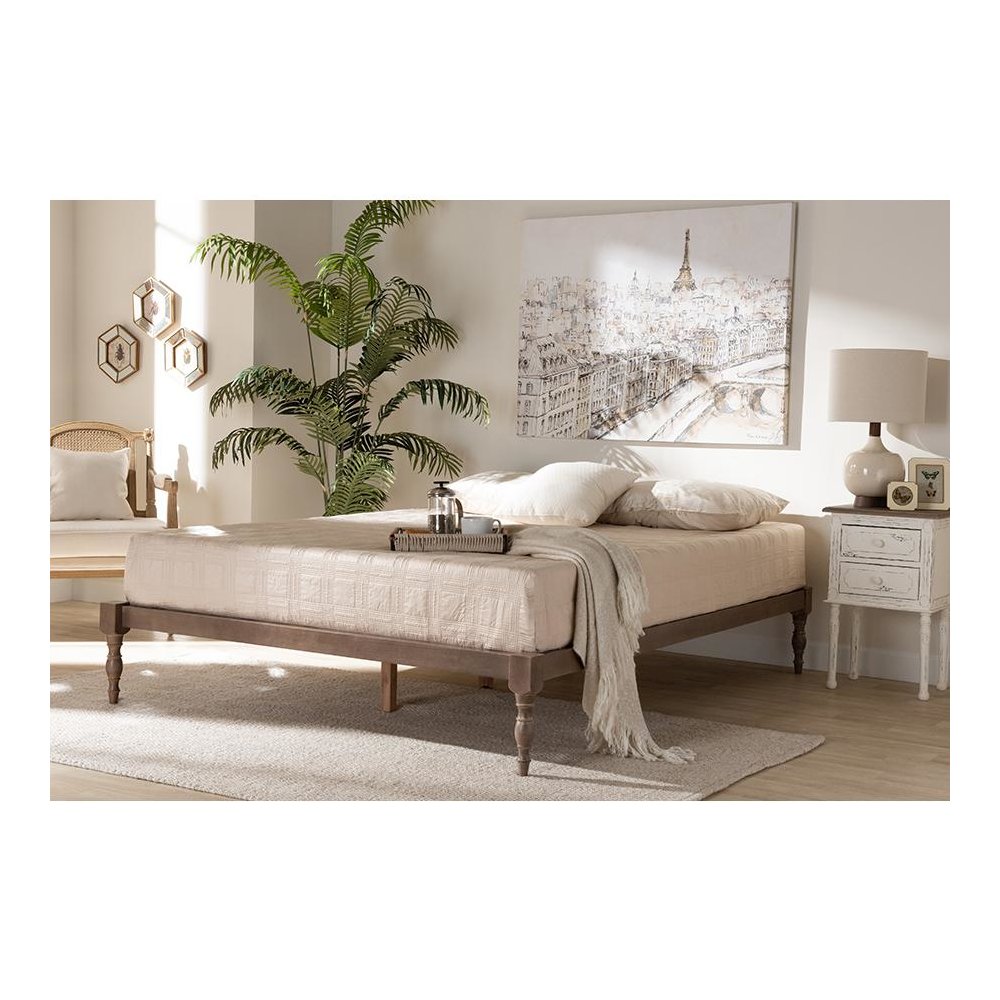 Antique Oak Finished Wood Queen Size Platform Bed Frame