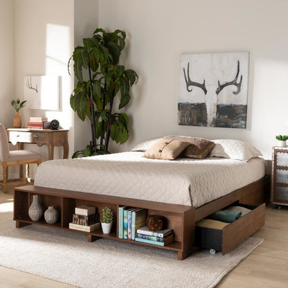 Walnut Brown Finished Wood King Size Platform Bed with Built-In Shelves
