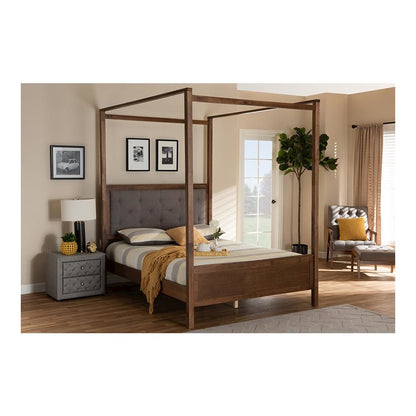 Walnut Brown Finished Wood King Size Platform Canopy Bed