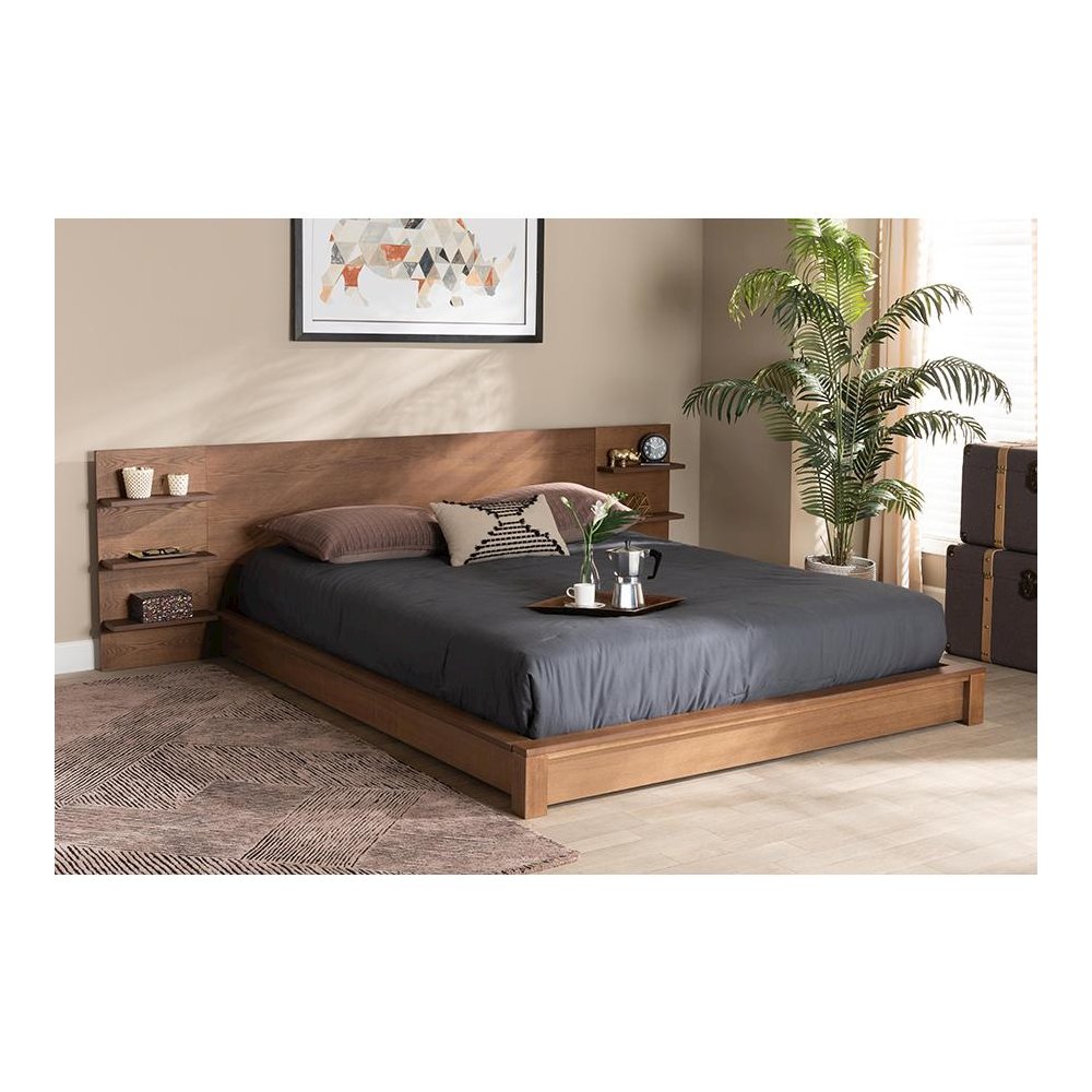Walnut Brown Finished Wood King Size Platform Storage Bed with Shelves