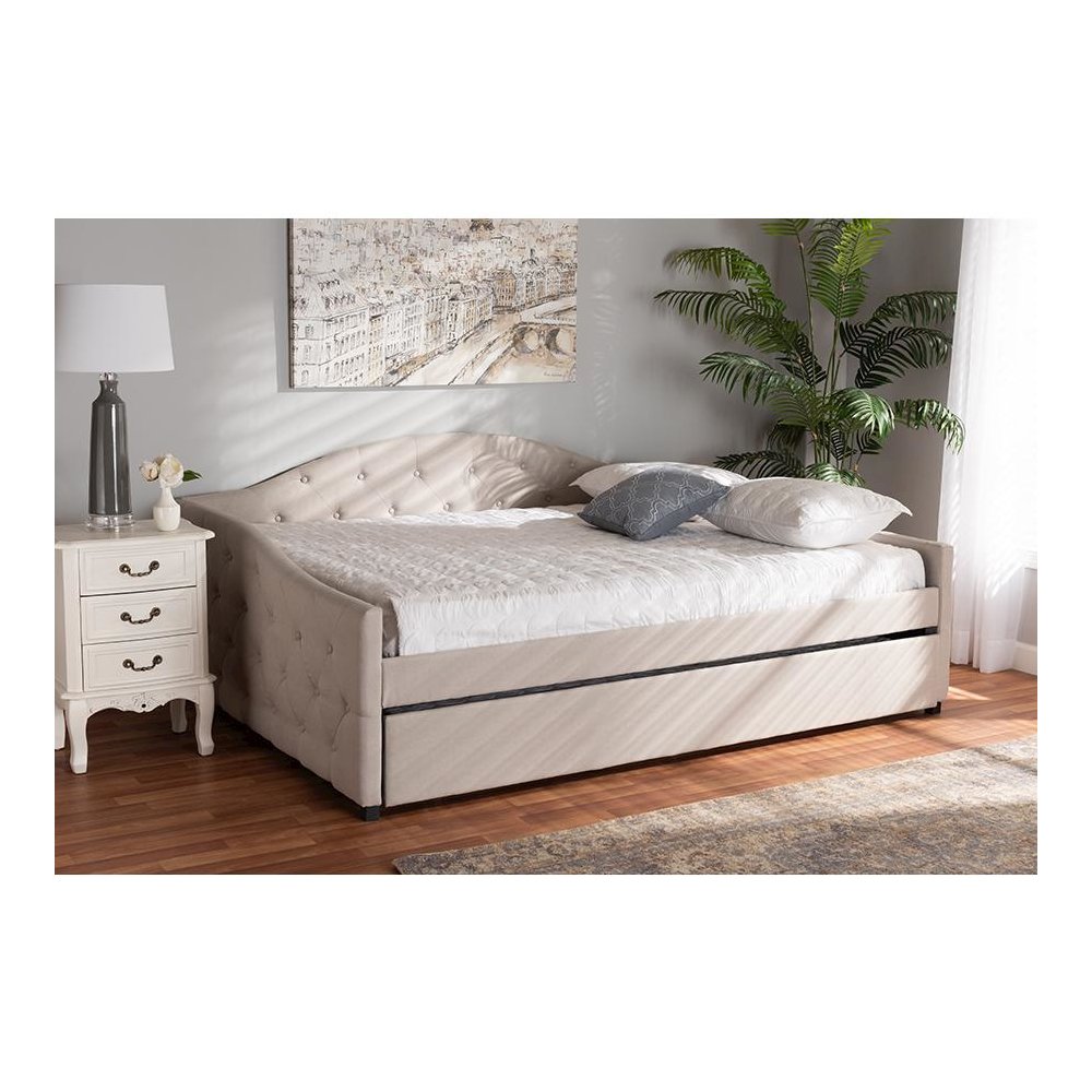 Transitional Beige Fabric Upholstered Queen Size Daybed with Trundle