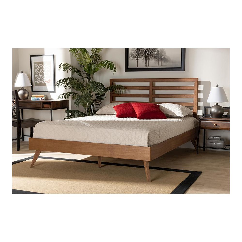 Shiro Mid-Century Modern Ash Walnut Finished Wood Queen Size Platform Bed