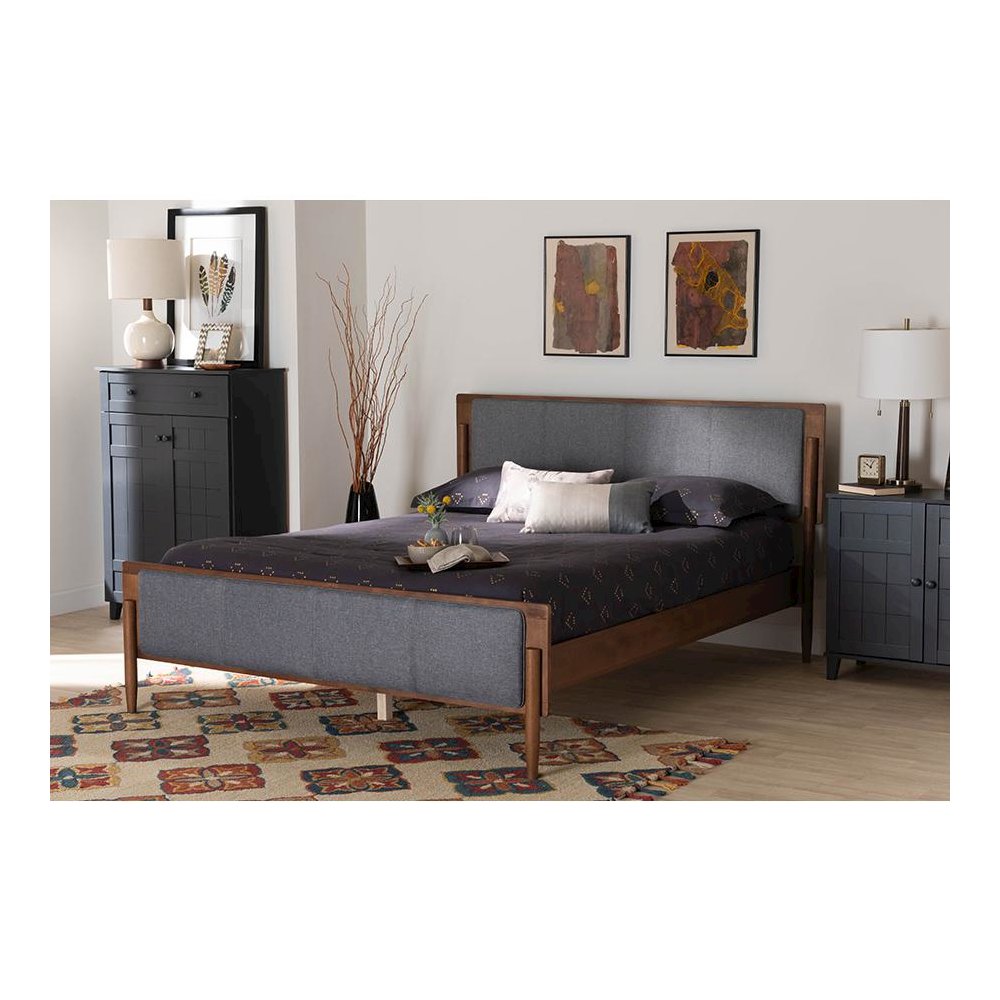 Grey Fabric and Ash Walnut Finished Wood King Size Platform Bed