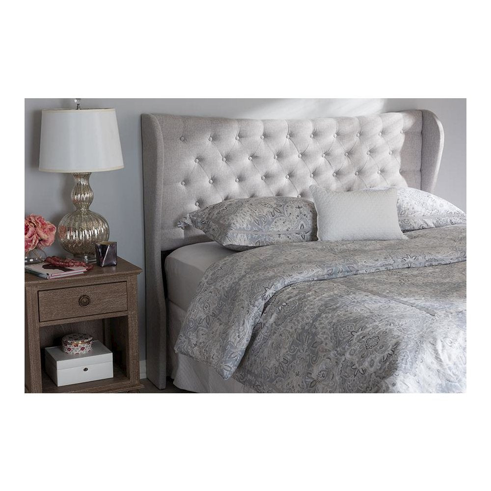 Greyish Beige Fabric Button-Tufted King Size Winged Headboard