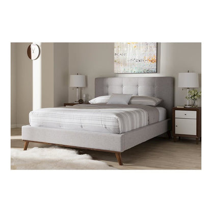 Valencia Mid-Century Modern Greyish Beige Fabric Queen Size Platform Bed