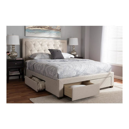 Light Beige Fabric Upholstered King Size Storage Bed